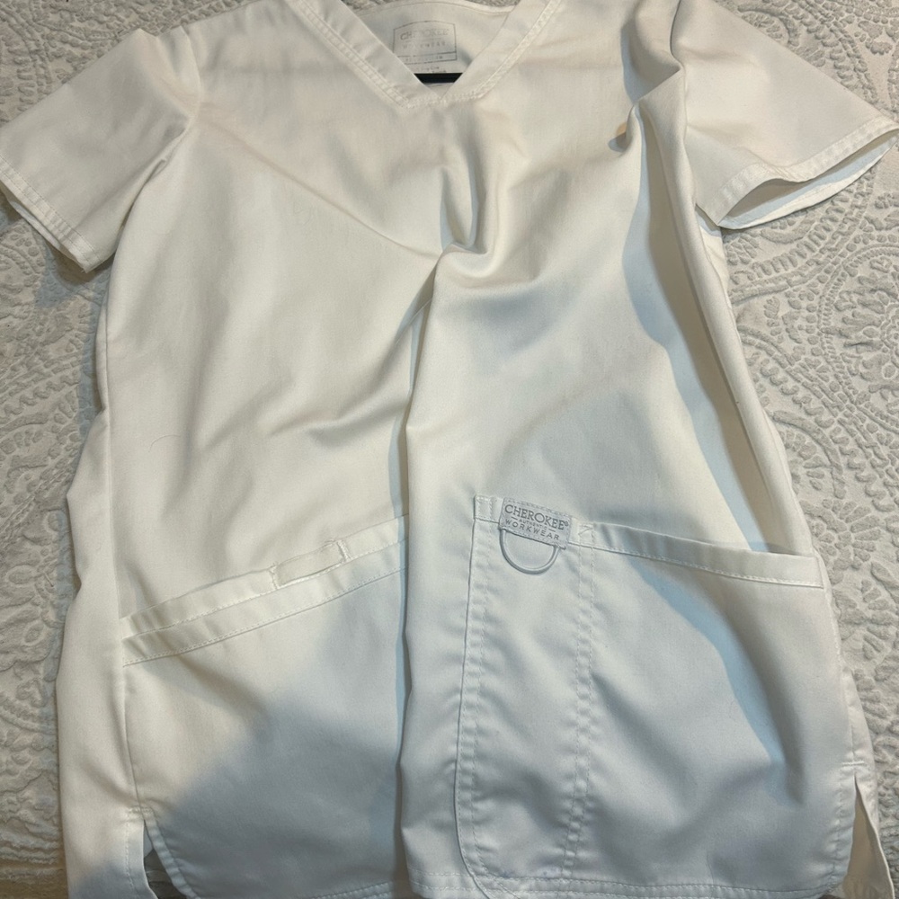White Cherokee scrub top size xs, draw string pants size xs